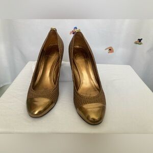 Tory Burch bronze cap-toe pumps, size 8.5